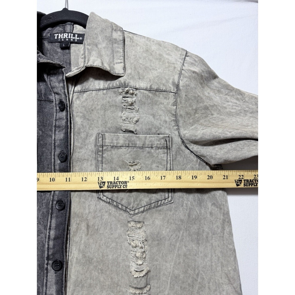 Thrill Jeans Distressed Split Large Denim Shirt Acid Wash Raw Hem Grunge Y2K - Picture 12 of 12